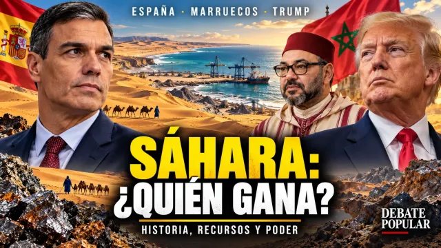 Montaje editorial de Pedro Sánchez, Mohamed VI y Donald Trump ante el desierto y la costa atlántica, con el titular «Sáhara: ¿quién gana?»