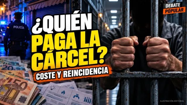 Portada editorial sobre el coste de las prisiones y la reincidencia, con manos entre rejas, un policía y el titular “¿Quién paga la cárcel?”