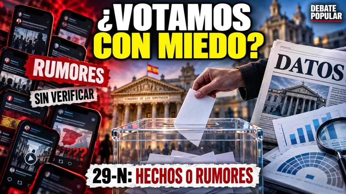 Portada editorial con una urna electoral, rumores en redes y datos contrastados bajo el titular «¿Votamos con miedo?»